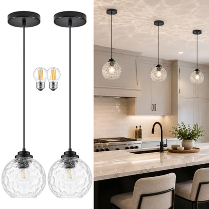 6" Modern Pendant Lights Kitchen Island Black Mid Century Modern Pendant Light Fixtures with Clear Glass Globe 2 Pack Modern Hanging Pendant Light for Bathroom Dining Room （Bulb Incl.） (Black & Hammered Glass / 6 Inch)