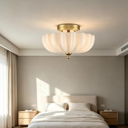 Modern Brass Semi Flush Mount Ceiling Light with Milky Glass Shade