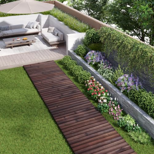 12FT Wooden Garden Parhway Walkway 25" W Oversize Outdoor Roll Out DecorativePatio Path Pavers Flooring Non (Carbonized / 12FT-Straight)