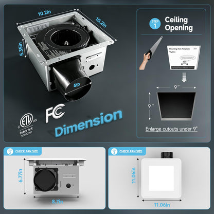 80 CFM Ultra Quiet Bathroom Exhaust Fan with Light (Opening 9"x9")