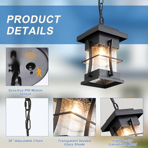 Outdoor Pendant Light Black Mission Style Hanging Lantern with Seeded Glass Waterproof Outdoor Ceiling Mount Light