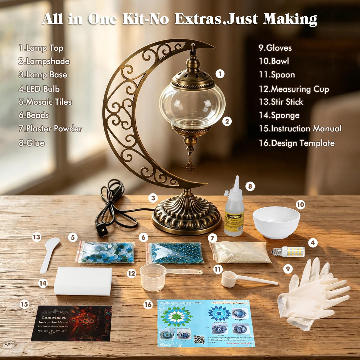 Turkish Lamp DIY Mosaic Stained Glass Table Lamp Kits Moon Lamp (White)