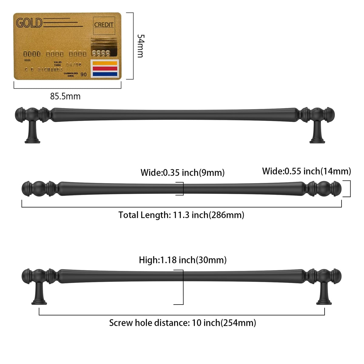10 Pack Heavy Duty Solid Zinc Alloy Matte Black Cabinet Pulls (Matte Black / 10"/254MM Hole Center)