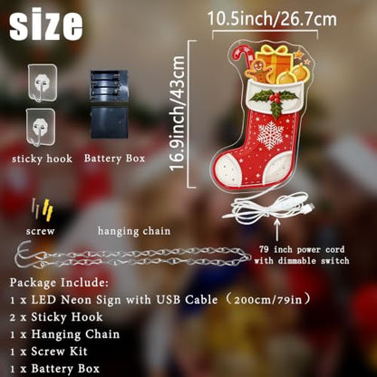 Christmas Stocking Neon Sign Dimmable Xmas Gingerbread Man Led Neon Light (Colorful-Christmas sock)