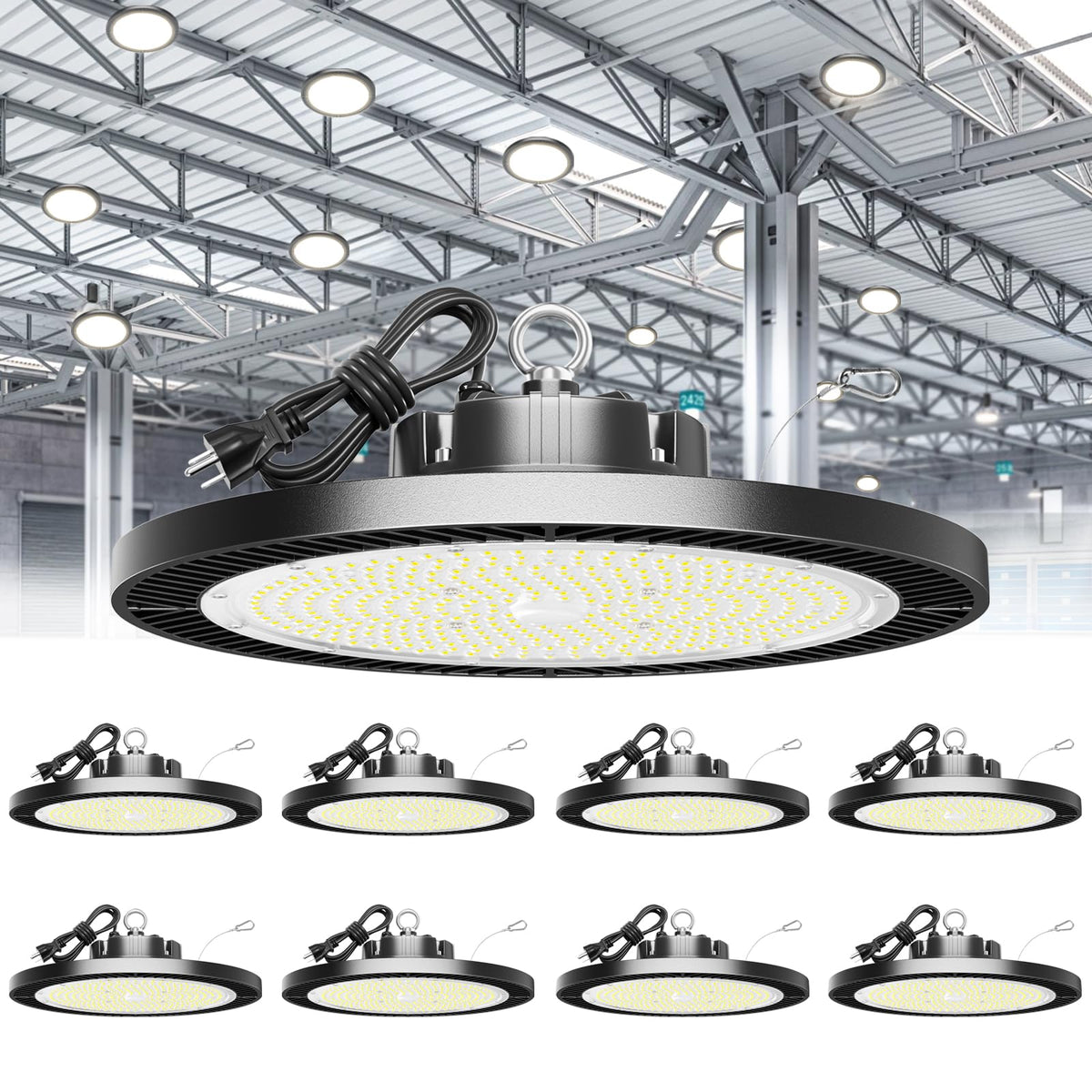 High Bay LED Shop Lights 200W 8 Pack with Plug 5' Cord Safety Rope Hook (200W-8-PACK)