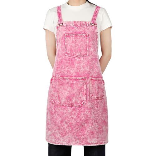 Denim Apron with Pockets and Adjustable Cross Straps for Hair Stylist Salon Nail Tech Barber Women Jean Aprons (Pink)