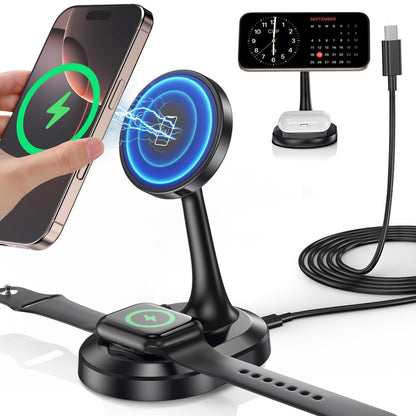 3 in 1 Magnetic Wireless Charging Station Devices 15W Fast Mag (Magnetic Single Pack Dark Black)