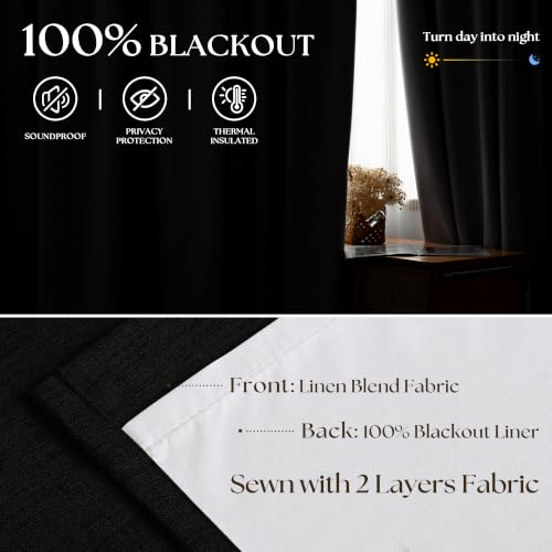 Modern Black Pleated Linen Blackout Curtains 90 Inches Long for Living Room (Black / 50"W x 90"L (Pack of 2))