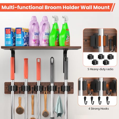 Broom Holder Wall Mount with Wooden Shelf