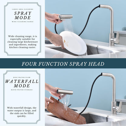 Kitchen Faucet with Pull Down Sprayer SUS304 Stainless Steel Waterfall Kitchen Sink Faucet 4 Functions Brushed Nickel Pull Out Kitchen Sink Faucets Utility Rv for 1 or 3 Hole Sink (4 Function Kitchen Faucet-Brushed Nickel)