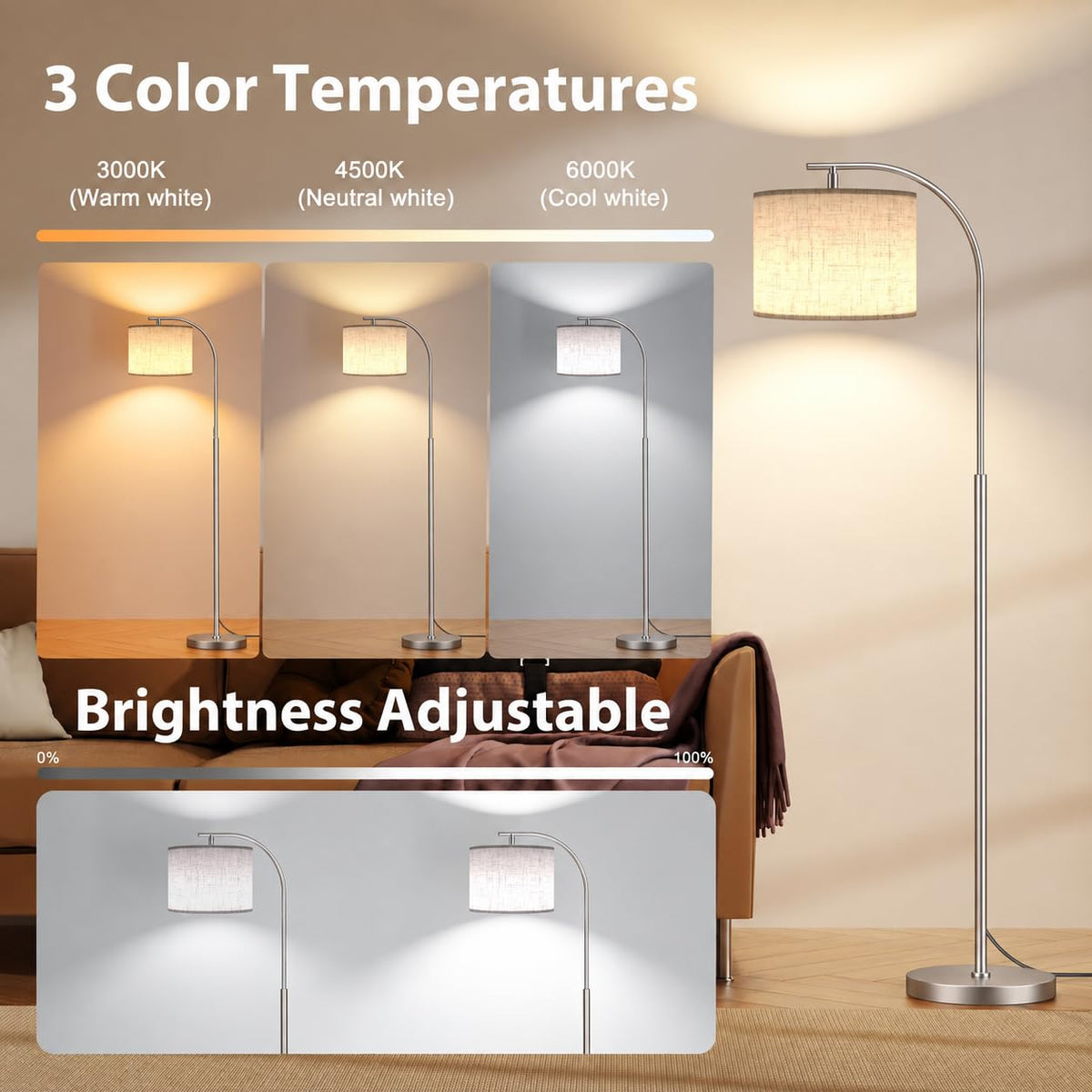 Floor Lamp with Linen Shade (Beige (Silver))