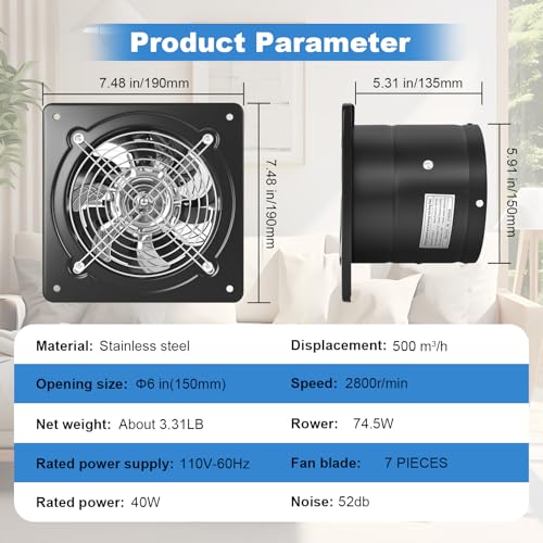 6-inch Wall-Mounted Kitchen Exhaust Fan with Switch, 382 CFM, Portable Installation, Suitable for Attic, Garage, Bathroom, and Basement Ventilation