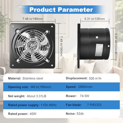 6-inch Wall-Mounted Kitchen Exhaust Fan with Switch, 382 CFM, Portable Installation, Suitable for Attic, Garage, Bathroom, and Basement Ventilation
