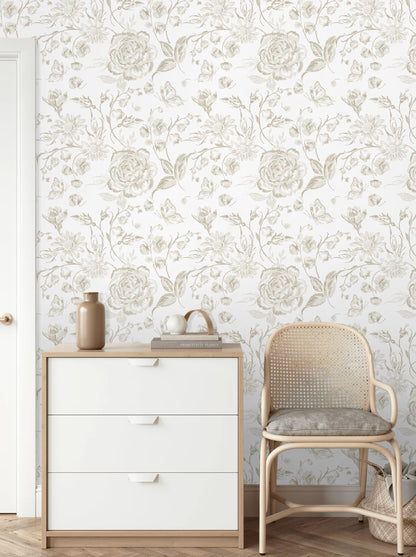 Floral Peel and Stick Wallpaper Boho Beige Contact Paper Neutral Farmhouse Vintage Wall Paper Removable Self Adhesive Wallpaper Bedroom Cabinet Bathroom Waterproof Vinyl Roll 17.3" x 78.7" (Beige and White / 17.3" x 78")