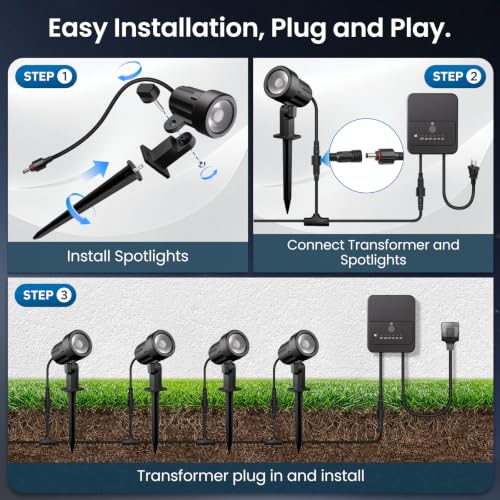 All-in-One Low Voltage Landscape Lighting Kit, Outdoor Lights with Transformer and Wire, LED Spotlight 2700K Dusk to Dawn, IP66 Waterproof Landscape Lights for Patio Garden Yard House