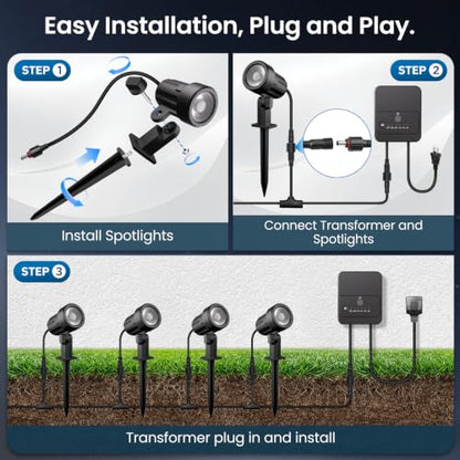All-in-One Low Voltage Landscape Lighting Kit, Outdoor Lights with Transformer and Wire, LED Spotlight 2700K Dusk to Dawn, IP66 Waterproof Landscape Lights for Patio Garden Yard House