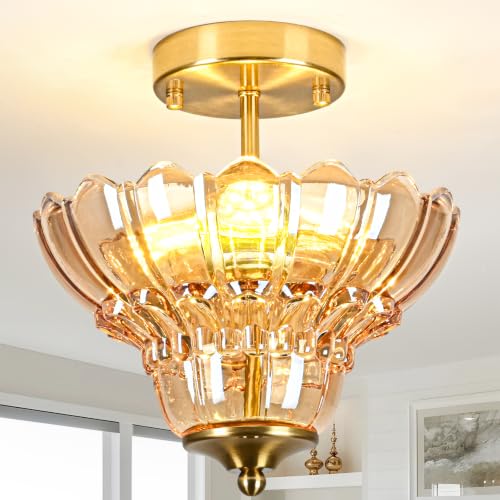 Semi Flush Mount Light with Floral Shade