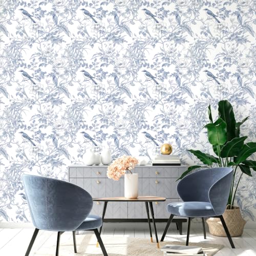 Floral Peel and Stick Wallpaper Blue Floral Bird Contact Paper
