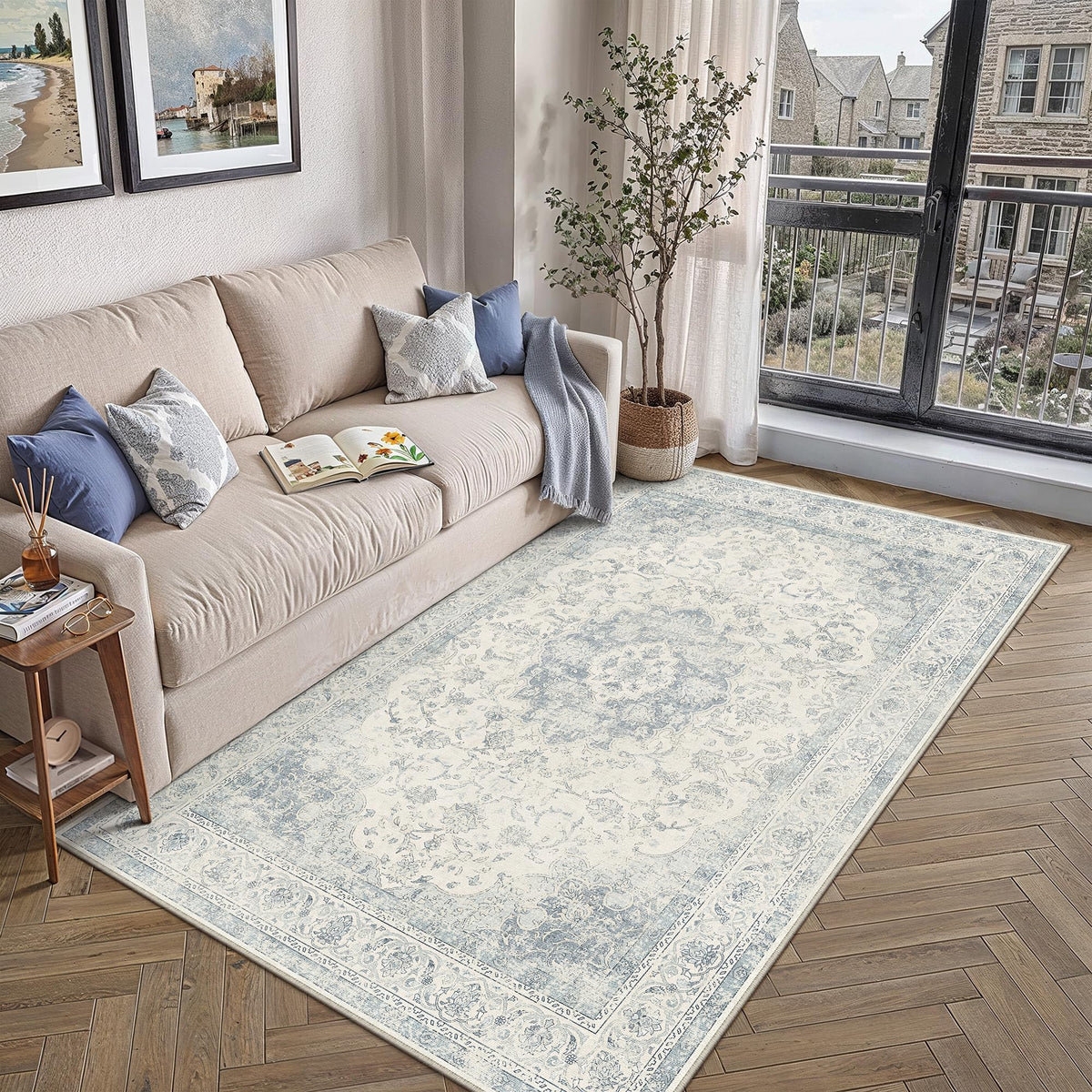 4x6 Blue Washable Area Rug Non Slip Vintage Carpet (Vintage | Blue / 4' x 6' (Rectangular))