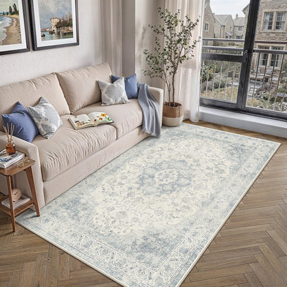 4x6 Blue Washable Area Rug Non Slip Vintage Carpet (Vintage | Blue / 4' x 6' (Rectangular))