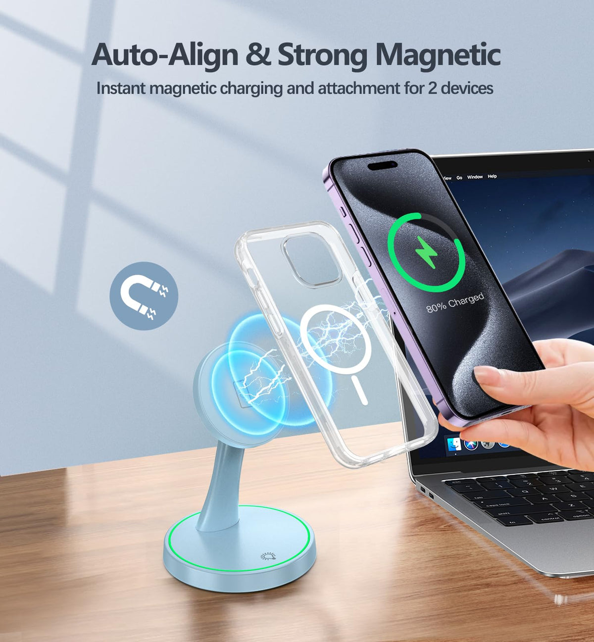 Magnetic Wireless Charger Stand 15W Fast Magnetic Charger for iPhone 17 (Magnetic Single Pack Blue)