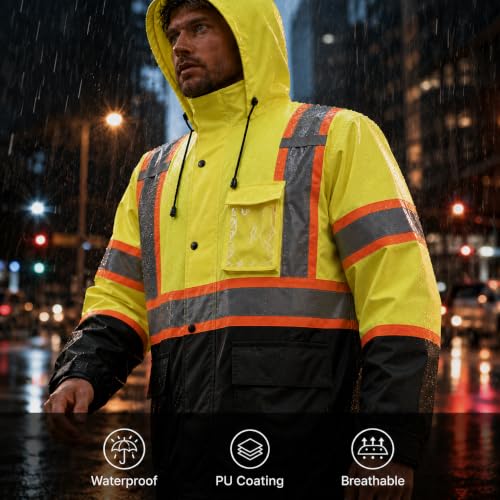 Rain Jacket Men Hi Vis Rain Coats Reflective Raincoat High Visibility Work Suits for Men Women Waterproof （RS250 (Medium / Yellowblack)
