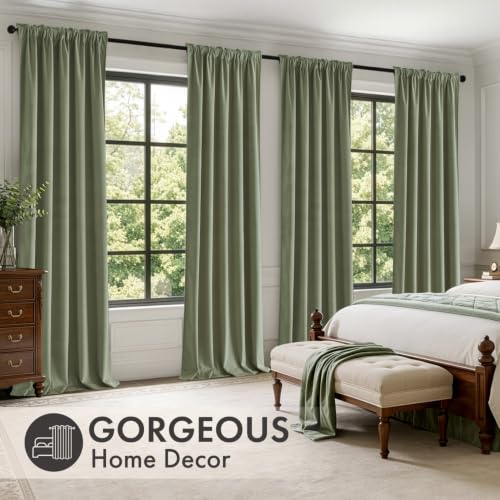 Sage Green Velvet Curtains 4 Panel Set Back Tab 40 x 96 Inch Long (Sage Green / 40"W x 96"L (Pack of 4))