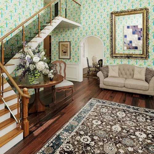 Tropical Peel and Stick Wallpaper Blue Coastal Palm Tree Seashells Shrimp Ocean Pattern Wall Paper for Bedroom Bathroom Playroom Removable Self