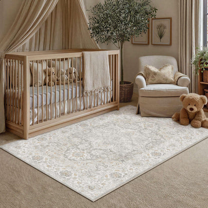 Grey Beige 4x6 Washable Area Rugs Vintage Indoor Carpet (E| Grey Beige / 4' x 6' (Rectangular))