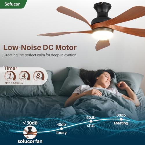 52 Inch Smart Ceiling Fans with Lights and Remote (Black+Brown / 52inch Max)