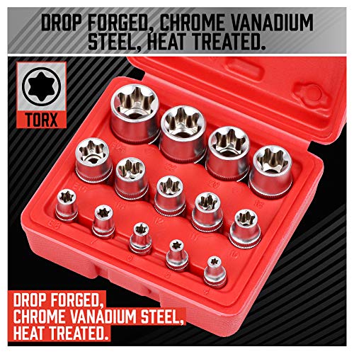 14-Piece E-TORX Socket Set - Premium Female Torx Socket Set, Ultimate Torque Star Sockets, External Torx Sockets, E4 E5 E6 E7 E8 E10 E11 E12 E14 E16 E18 E20 E22 E24 (14-Piece E-Torx - (E4-E24))