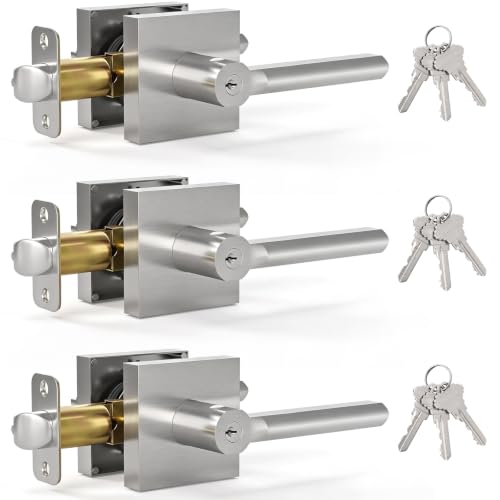 3 Pack Entry Door Handles with Lock and Key (Satin Nickel)