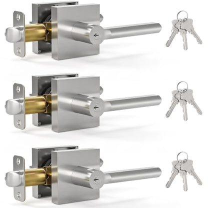 3 Pack Entry Door Handles with Lock and Key (Satin Nickel)