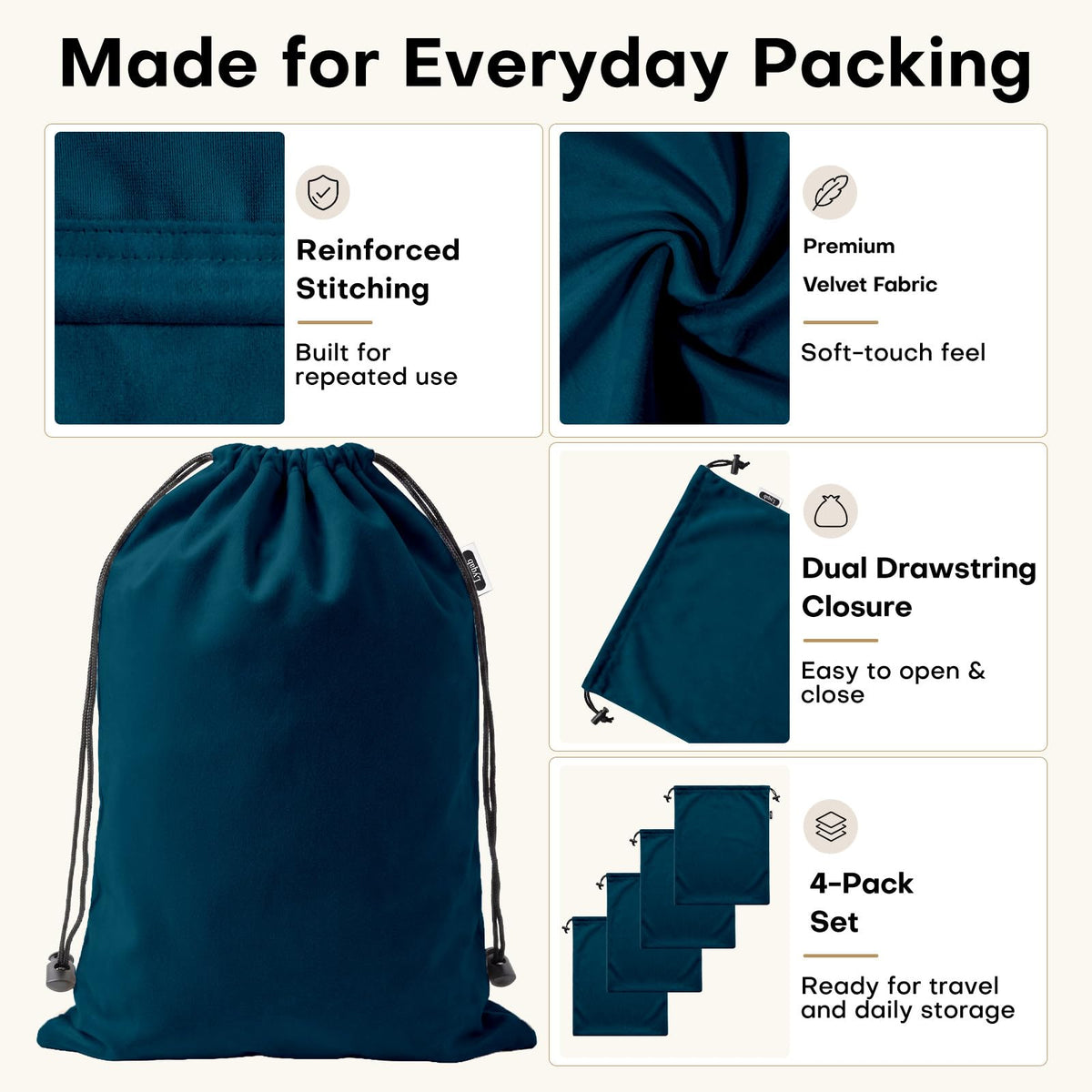 4 Pack Velvet Cloth Shoe Bags for Travel & Packing for Women & Men (Navy Blue)