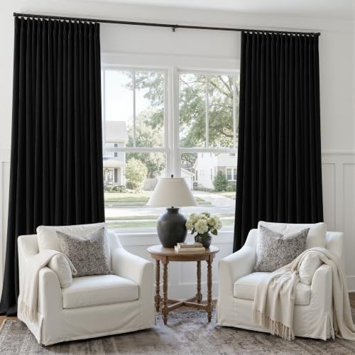 Black Pinch Pleated 100% Blackout Linen Curtains for Bedroom 84 Inch Length (Black / 50"W x 84"L (Pack of 2))