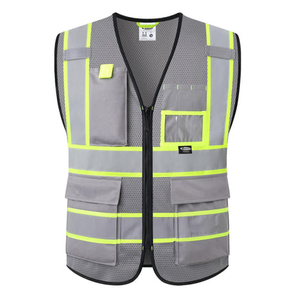 Safety Vest for Men Women Hi Vis Vest with Pockets and Zipper High Visibility Reflective Safety Vests Meet ANSI Standard Grey Color Extended Yellow Strips (Grey / XX-Large)