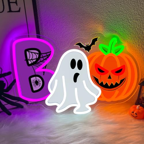 UV Printed Ghost Pumpkin Halloween Neon Sign Dimmable Cute Witch Hat Ghost LED Neon Light for Bedroom Game Room Halloween Party Home Decoration