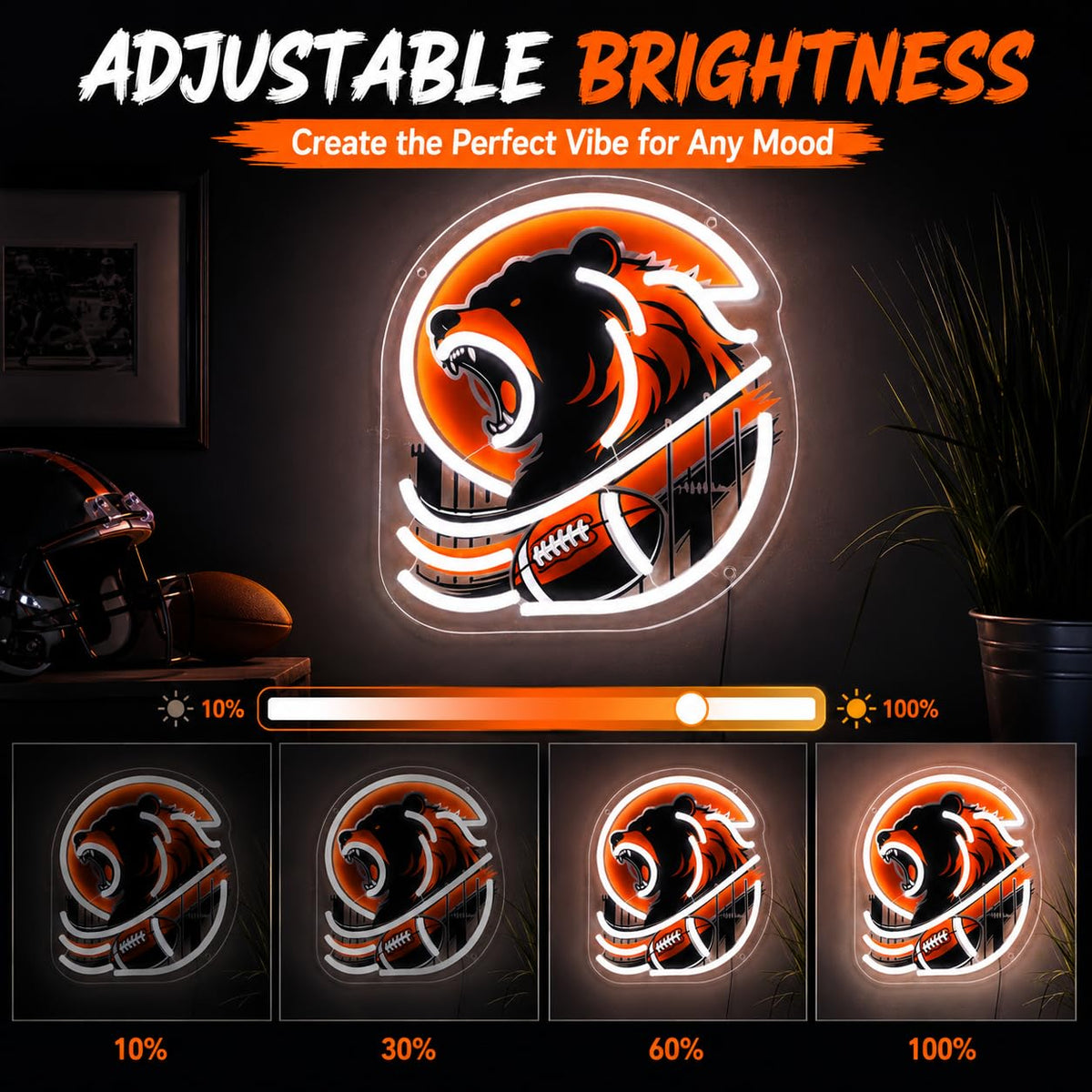 Football Bear Neon Sign Orange Bear Light for Man Cave Wall Decor (Orange,HuKou)