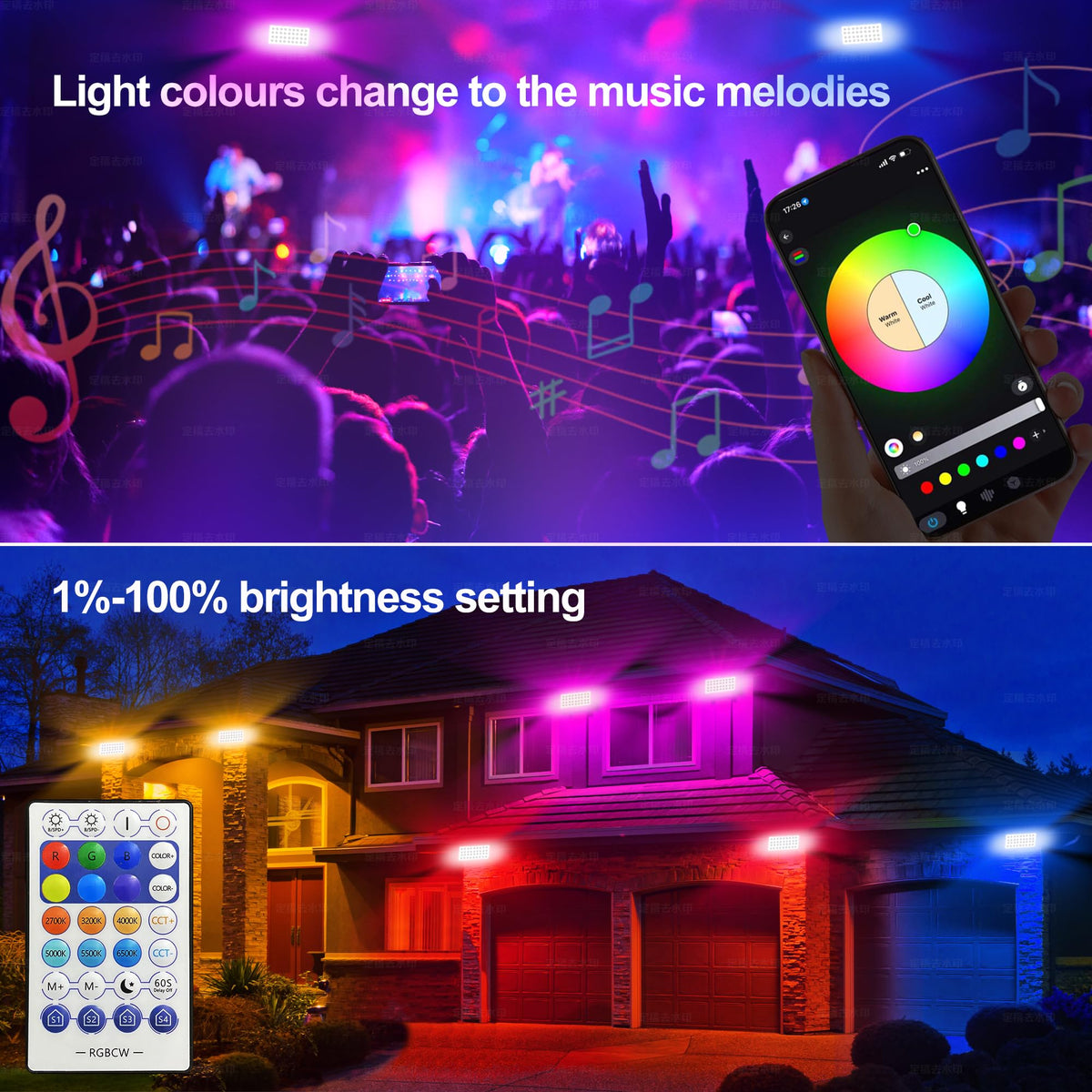Smart Flood Lights Outdoor Color Changing (5*72W RGB+Tunable White(2700-6500K))