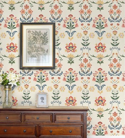 Boho Peel and Stick Wallpaper Vintage Floral Wallpaper (17.3" x 196.8" / Red/Yellow)