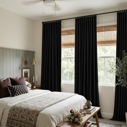 Modern Black Pleated Linen Blackout Curtains 90 Inches Long for Living Room (Black / 50"W x 90"L (Pack of 2))