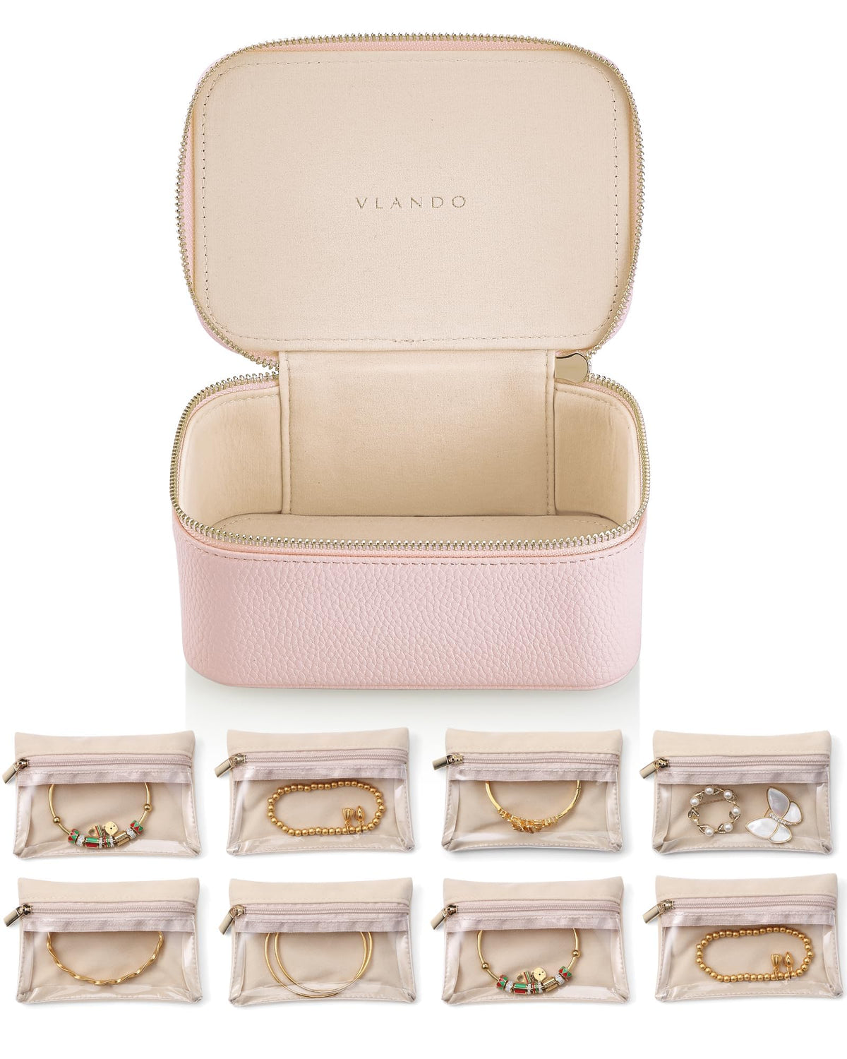 Jewelry Travel Case with 8 Clear Velvet Zipper Pouches (C.8 PCS Pink)