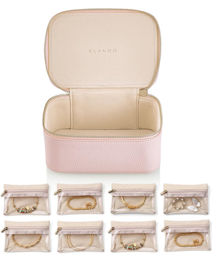 Jewelry Travel Case with 8 Clear Velvet Zipper Pouches (C.8 PCS Pink)