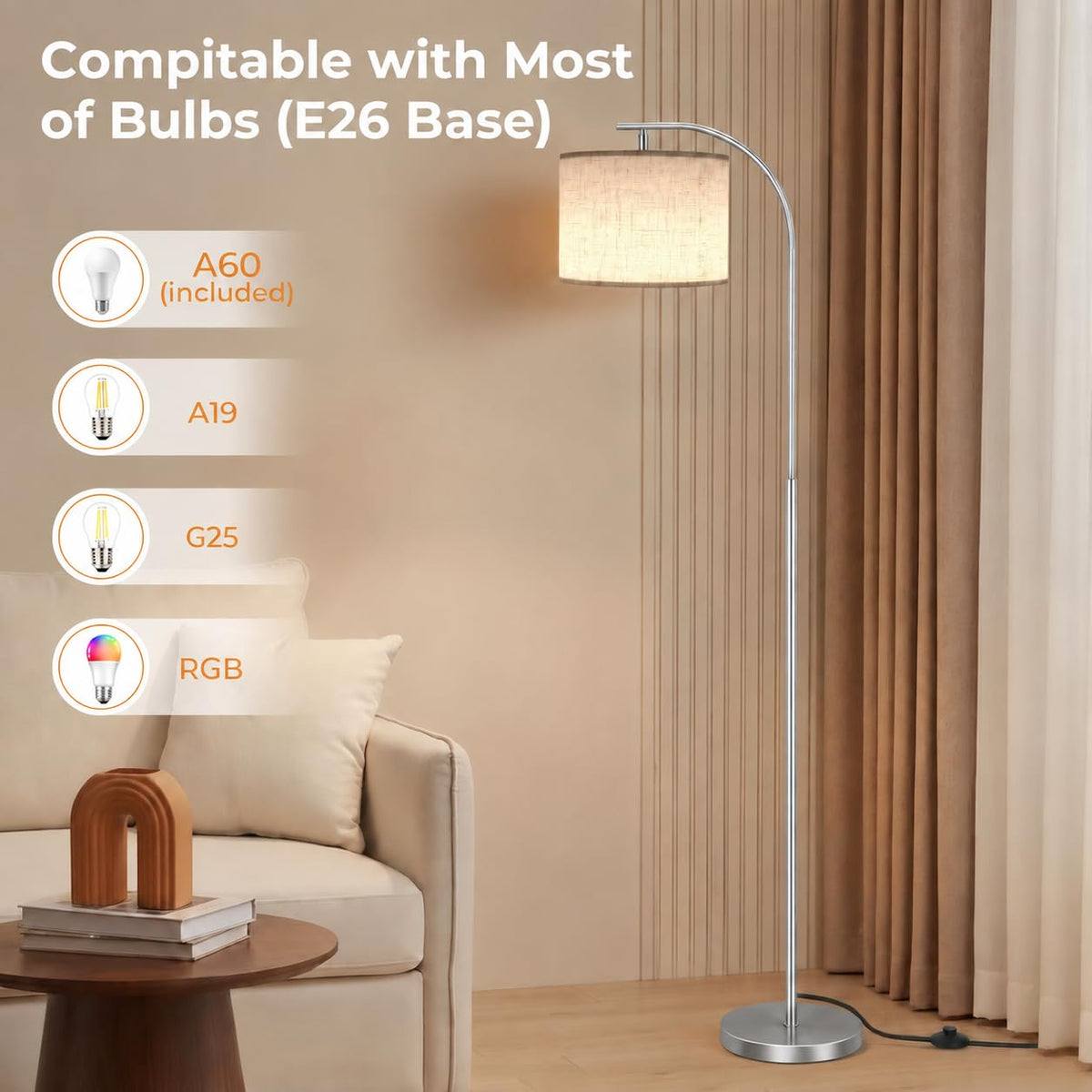 Floor Lamp with Linen Shade (Beige (Silver))