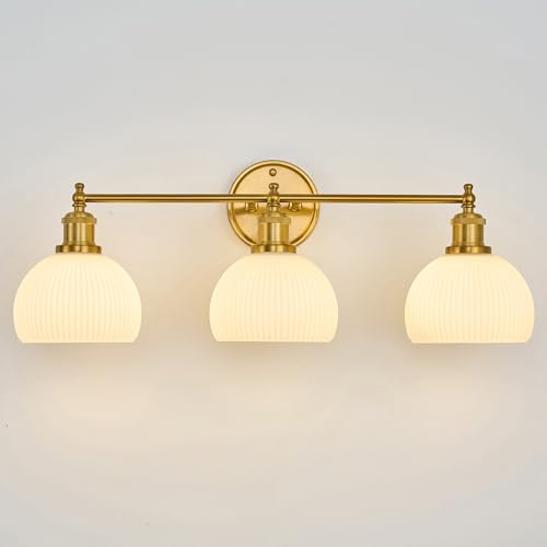 3 Light Wall Sconce BathroomVanityt Light 30 Inches Milk Glass Wall Mount Lighting Fixtures for Bathroom Bedroom Living Room Hardwired Wall Light (Gold & Ribbed Dome Shade / 3-light)