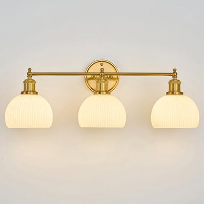 3 Light Wall Sconce BathroomVanityt Light 30 Inches Milk Glass Wall Mount Lighting Fixtures for Bathroom Bedroom Living Room Hardwired Wall Light (Gold & Ribbed Dome Shade / 3-light)