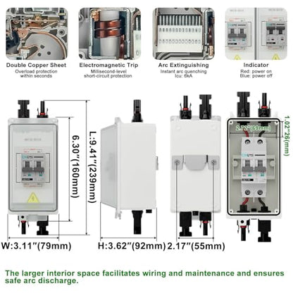 CNLONQ Solar Panel Disconnect Switch 20A~63A 1000V DC PV Circuit Breaker IP66 Waterproof with Connector and Install Hook for Outdoor Home Solar Panel Systems