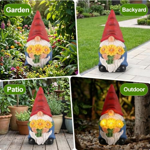Solar Garden Gnome Statue with Lighted Sunflower Bouquet for Outdoor Decor