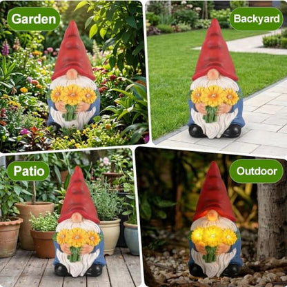Solar Garden Gnome Statue with Lighted Sunflower Bouquet for Outdoor Decor