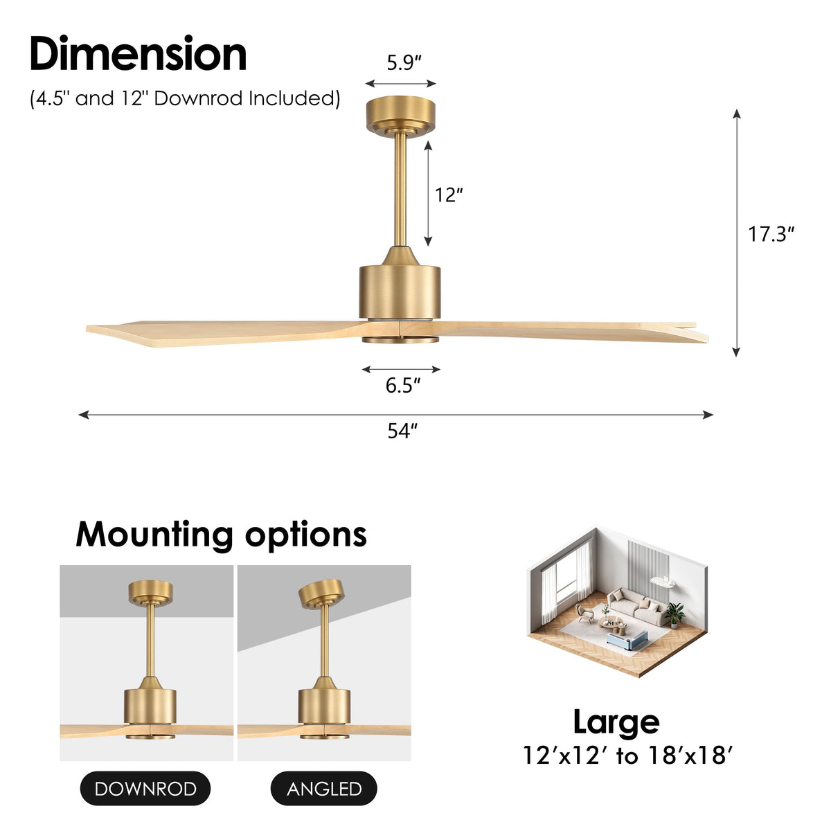 54 Inch DC Ceiling Fans without Light (Aged Brass and Natural Wood / 54")